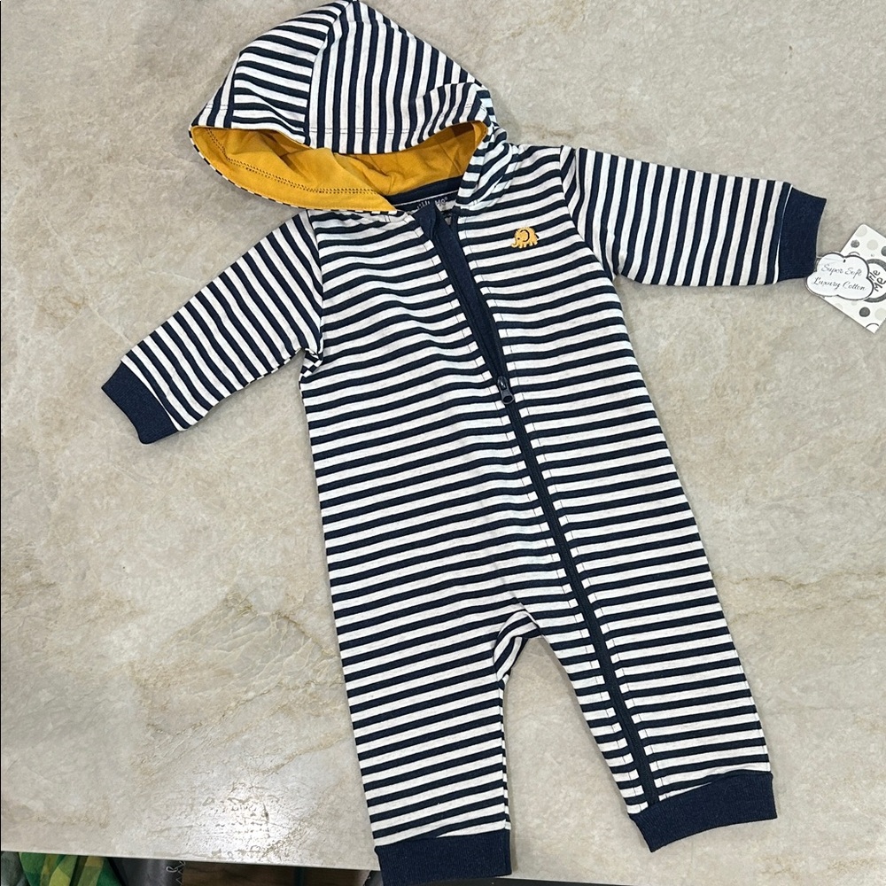 Little Me Navy and White Striped Onsie with Yellow Lining NWT